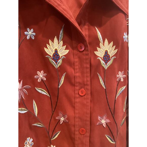 Susan Graver Womens Jacket Size 2X Button Up Burnt Red Embroidered Floral Fall - Picture 2 of 10